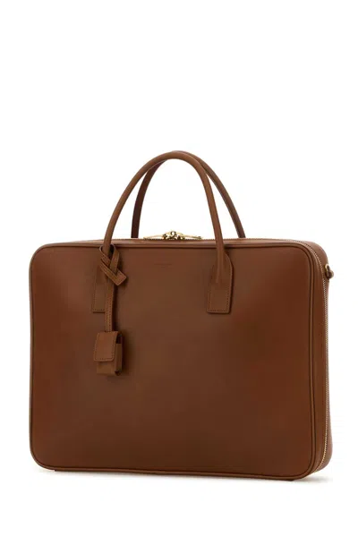 Saint Laurent Leather Briefcase Featuring Gold-tone Hardware In Brown