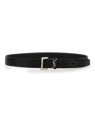 Saint Laurent Cinturon Negro Hebilla Logo Plateado In Black