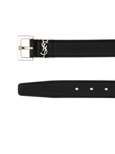 Saint Laurent Cinturon Negro Hebilla Logo Plateado In Black