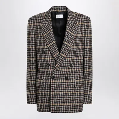 Saint Laurent Brown Double-breasted Jacket With Notched Revers And All-over Check Motif In Wool Woman