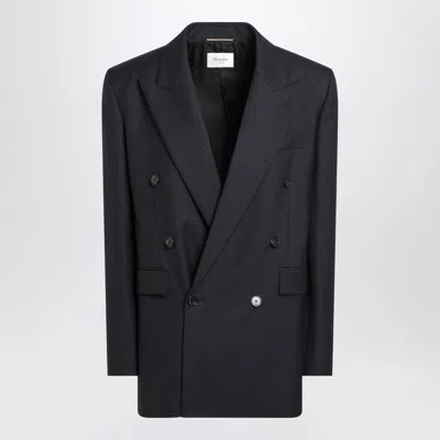 Saint Laurent Long Navy Blue Wool Gabardine Coat In Black