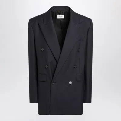 Saint Laurent Long Navy Blue Wool Gabardine Coat In Black