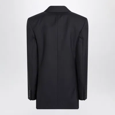 Saint Laurent Long Navy Blue Wool Gabardine Coat In Black