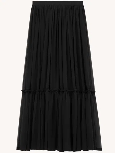 Saint Laurent Long Ruffled Black Silk Skirt In Black