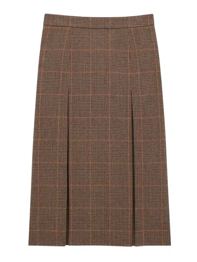 Saint Laurent Prince Of Wales Wool And Cashmere Midi Skirt In Brown