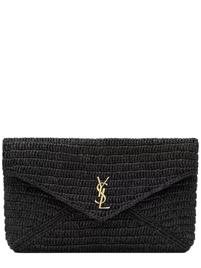 Saint Laurent Raffia Clutch Bag In Black