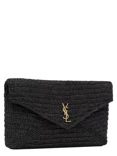 Saint Laurent Raffia Clutch Bag In Black