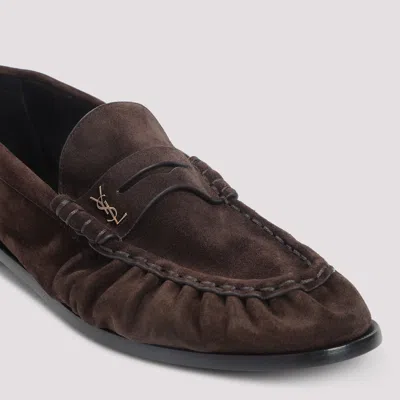 Saint Laurent Suede Loafers With Cassandre Detailing In Brown