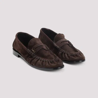 Saint Laurent Suede Loafers With Cassandre Detailing In Brown