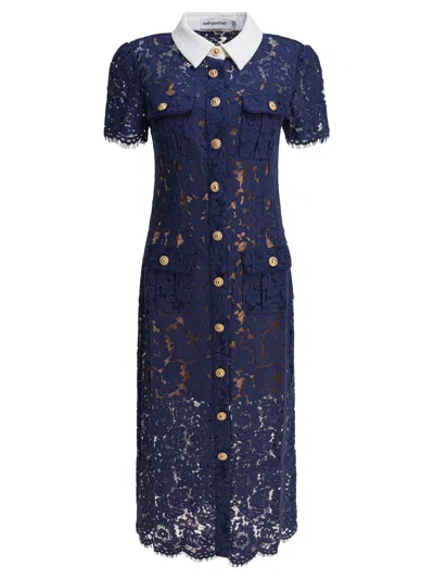 Self-portrait Navy Lace Contrast Collar Midi Dress In Black