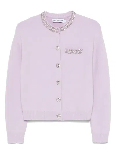 Self-portrait Embellished Round Neck Cardigan With Crystal Accents In White