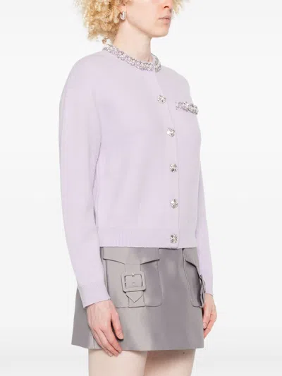 Self-portrait Embellished Round Neck Cardigan With Crystal Accents In White