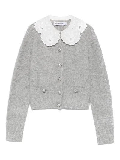 Self-portrait Lace Collar Cardigan In Gray