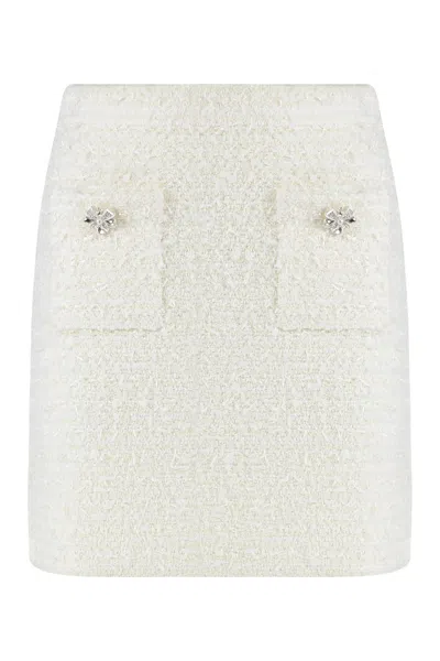 Self-portrait White Miniskirt With Pearl Embellishments And Button Detail In Tech Fabric Woman