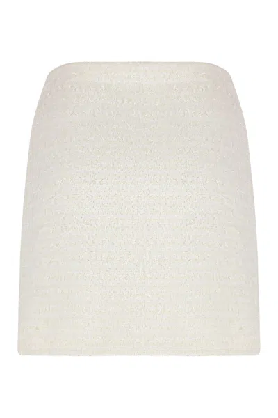 Self-portrait White Miniskirt With Pearl Embellishments And Button Detail In Tech Fabric Woman