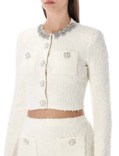 Self-portrait White Miniskirt With Pearl Embellishments And Button Detail In Tech Fabric Woman