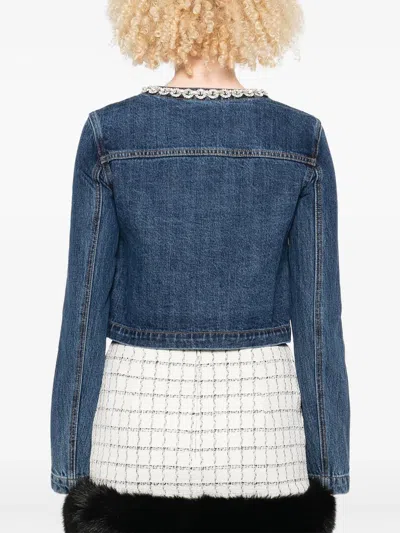 Self-portrait Cropped Denim Jacket With Crystal Chain Trims In Blue