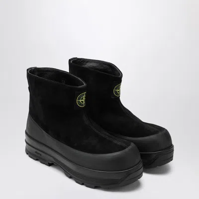 Stone Island Black Suede Ankle Boot With Logo In Black