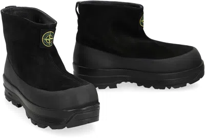 Stone Island Black Suede Ankle Boot With Logo In Black