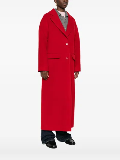Tagliatore Long Wool Coat With Notched Lapels And Flap Pockets In Red