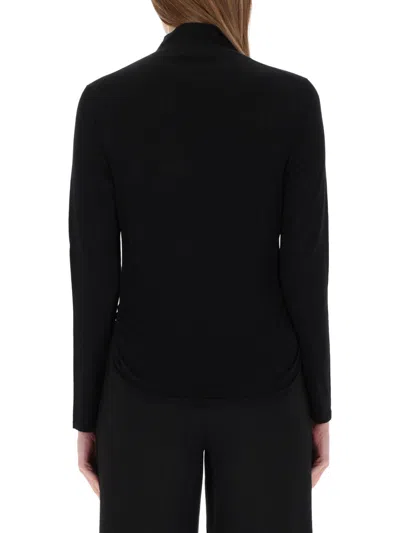 Theory Shirred Long-sleeve Henley Shirt In Black