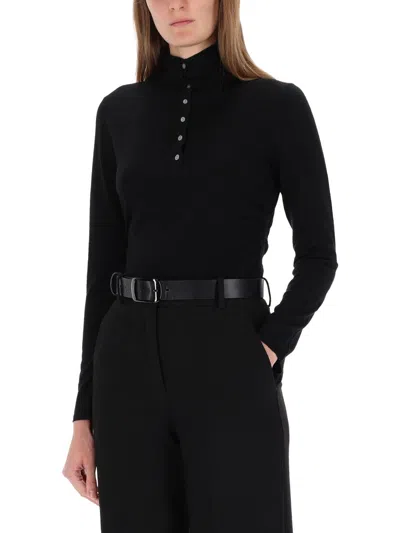Theory Shirred Long-sleeve Henley Shirt In Black