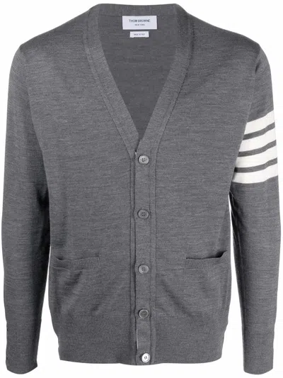 Thom Browne V-neck Grey Wool Cardigan With Signature Striped Detail In Gray