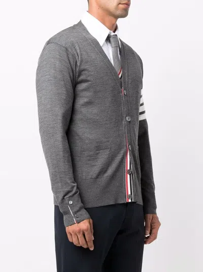 Thom Browne V-neck Grey Wool Cardigan With Signature Striped Detail In Gray
