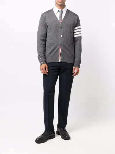 Thom Browne V-neck Grey Wool Cardigan With Signature Striped Detail In Gray