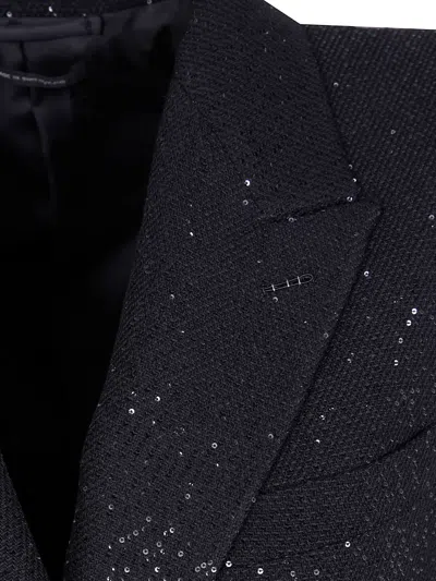 Tom Ford Sequined Wool Blend Crepe Double Breasted Coat In Black