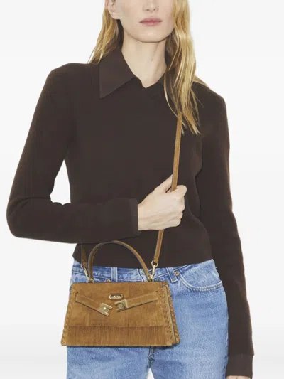 Tory Burch "lee Radziwill" Petite Suede Fringe Mini Top Handle In Brown