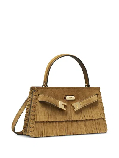 Tory Burch "lee Radziwill" Petite Suede Fringe Mini Top Handle In Brown