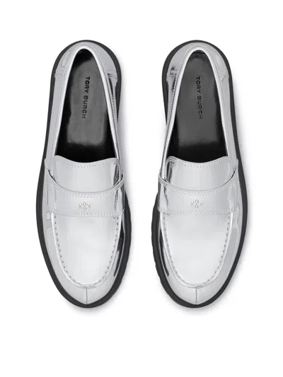 Tory Burch Mirrored Metallic Classic Logo Lug Loafers In White