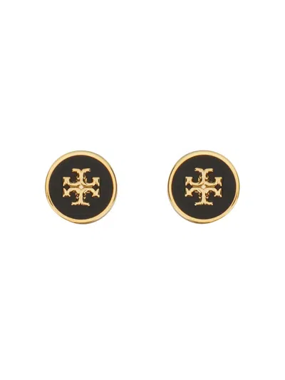 Tory Burch Enamel Circle-stud Earring Gold Finish In Black
