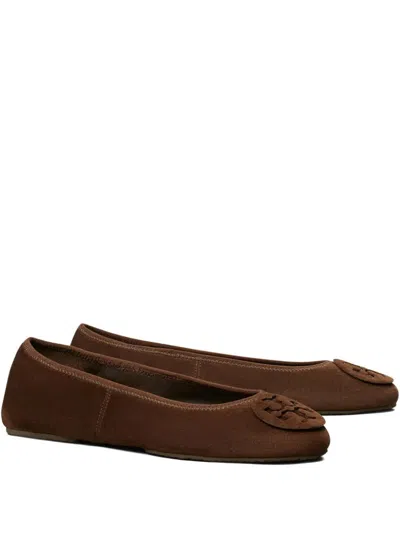 Tory Burch Suede Ballet Flats With Logo Embellishment In Brown