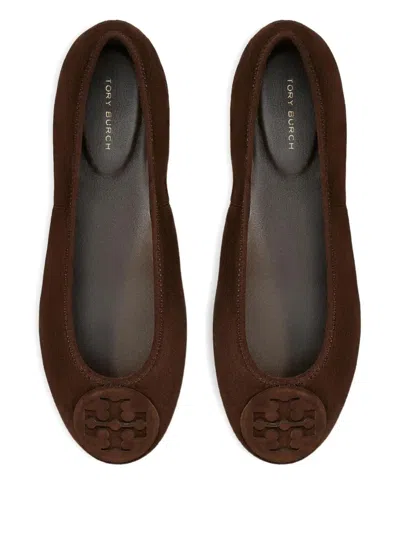 Tory Burch Suede Ballet Flats With Logo Embellishment In Brown
