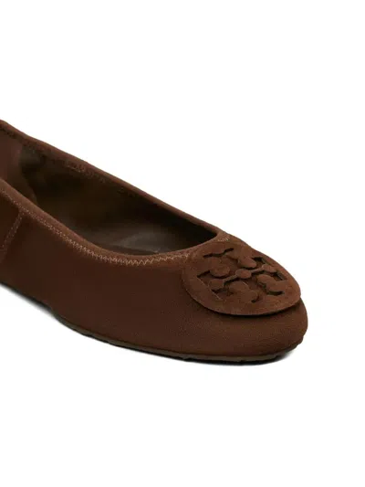 Tory Burch Suede Ballet Flats With Logo Embellishment In Brown