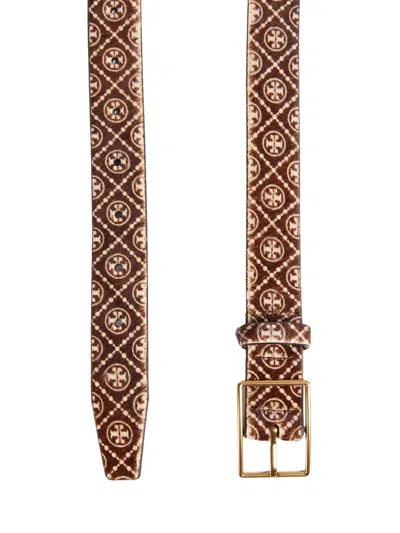Tory Burch T Monogram Haircalf Belt In Brown