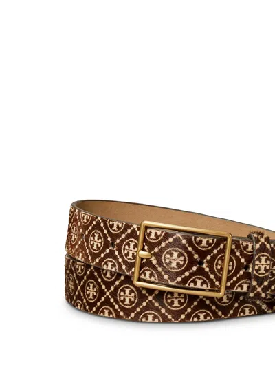 Tory Burch T Monogram Haircalf Belt In Brown