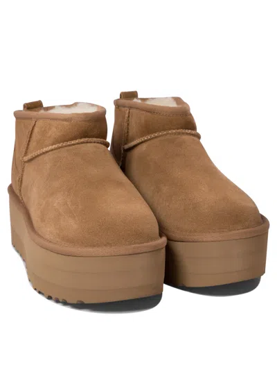 Ugg Ultramini Beige Boots With Platform In Suede Woman In Brown