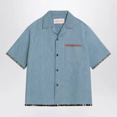 Valentino Garavani Denim Bowling Shirt With Floral Trim In Blue