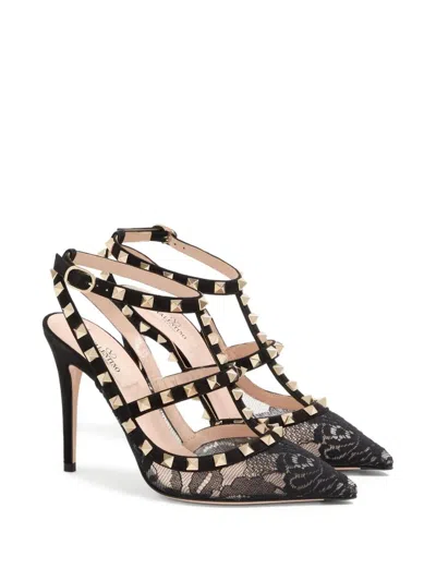 Valentino Rockstud 100 Lace And Suede Pumps In Black