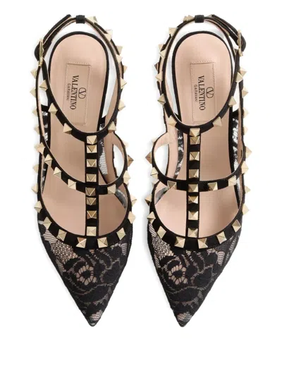 Valentino Rockstud 100 Lace And Suede Pumps In Black
