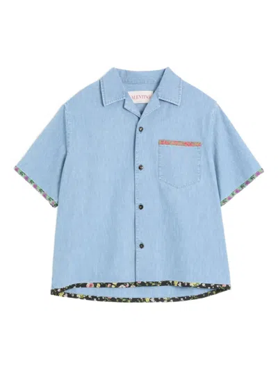 Valentino Garavani Denim Bowling Shirt With Floral Trim In Blue