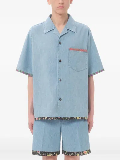 Valentino Garavani Denim Bowling Shirt With Floral Trim In Blue
