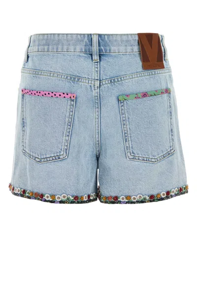Valentino Denim Shorts With Embroidered Hem And Pockets In Blue