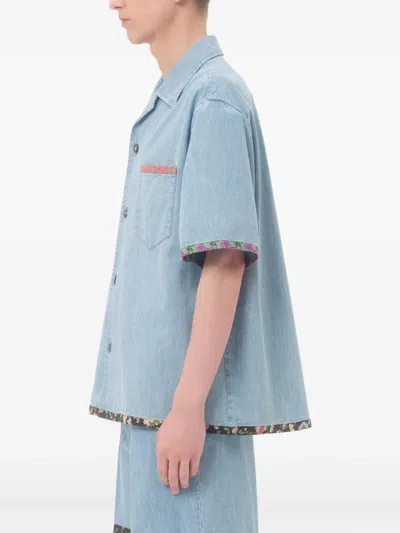 Valentino Garavani Denim Bowling Shirt With Floral Trim In Blue