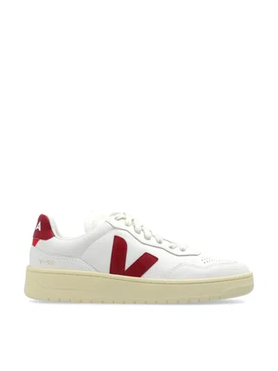 Veja V-90 Panelled Leather Sneakers In White And Red