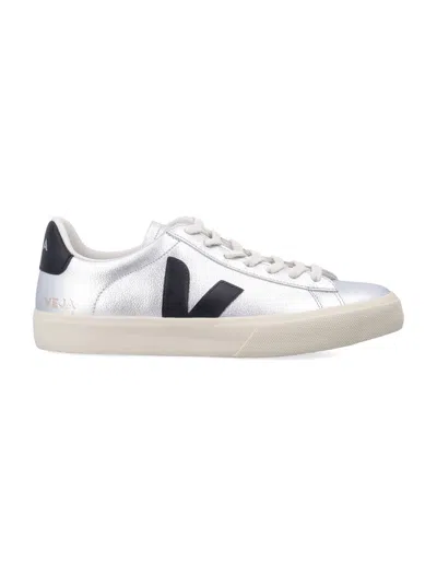 Veja Campo Silver And Black Leather Sneakers In Silver