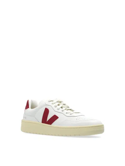 Veja V-90 Panelled Leather Sneakers In White And Red